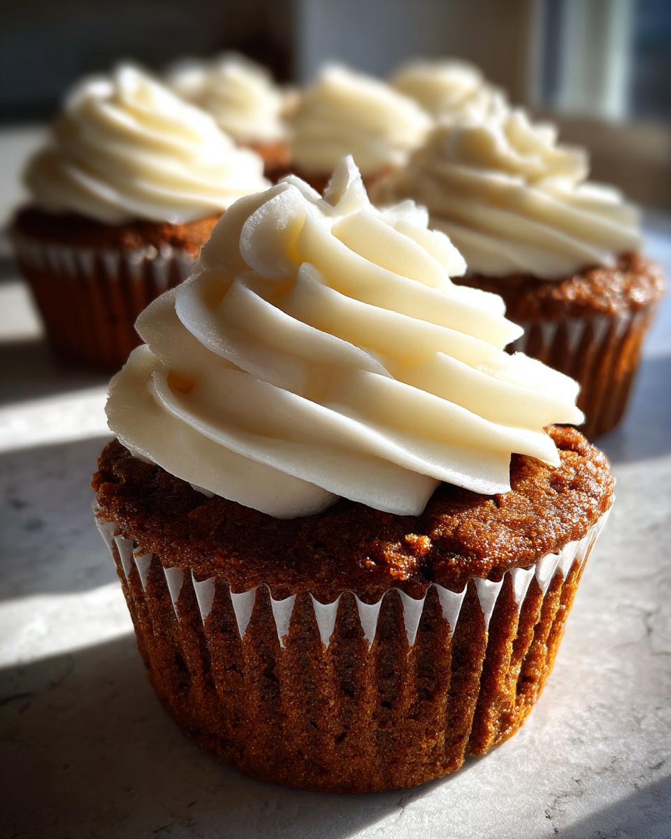 A close-up, low-angle shot of a perfectly frosted gingerbread cupcake, with more gingerbread cupcakes blurred in the background.