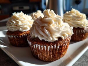 Close-up of moist gingerbread cupcakes topped with swirls of creamy white frosting, presented on a white platter.