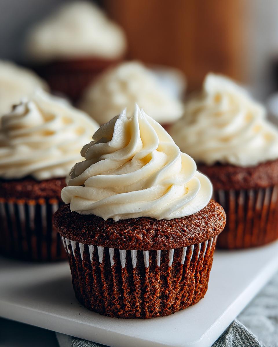 A close-up of one perfectly baked gingerbread cupcake topped with a swirl of white cream cheese frosting, with more gingerbread cupcakes blurred in the background.