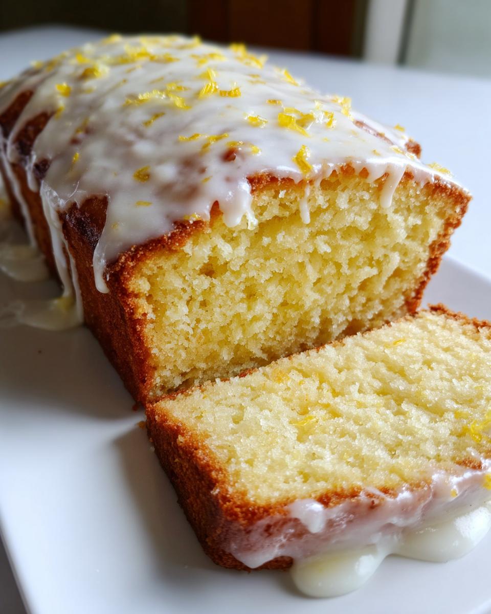 Close-up of a sliced lemon pound cake topped with thick white glaze and bright yellow lemon zest.