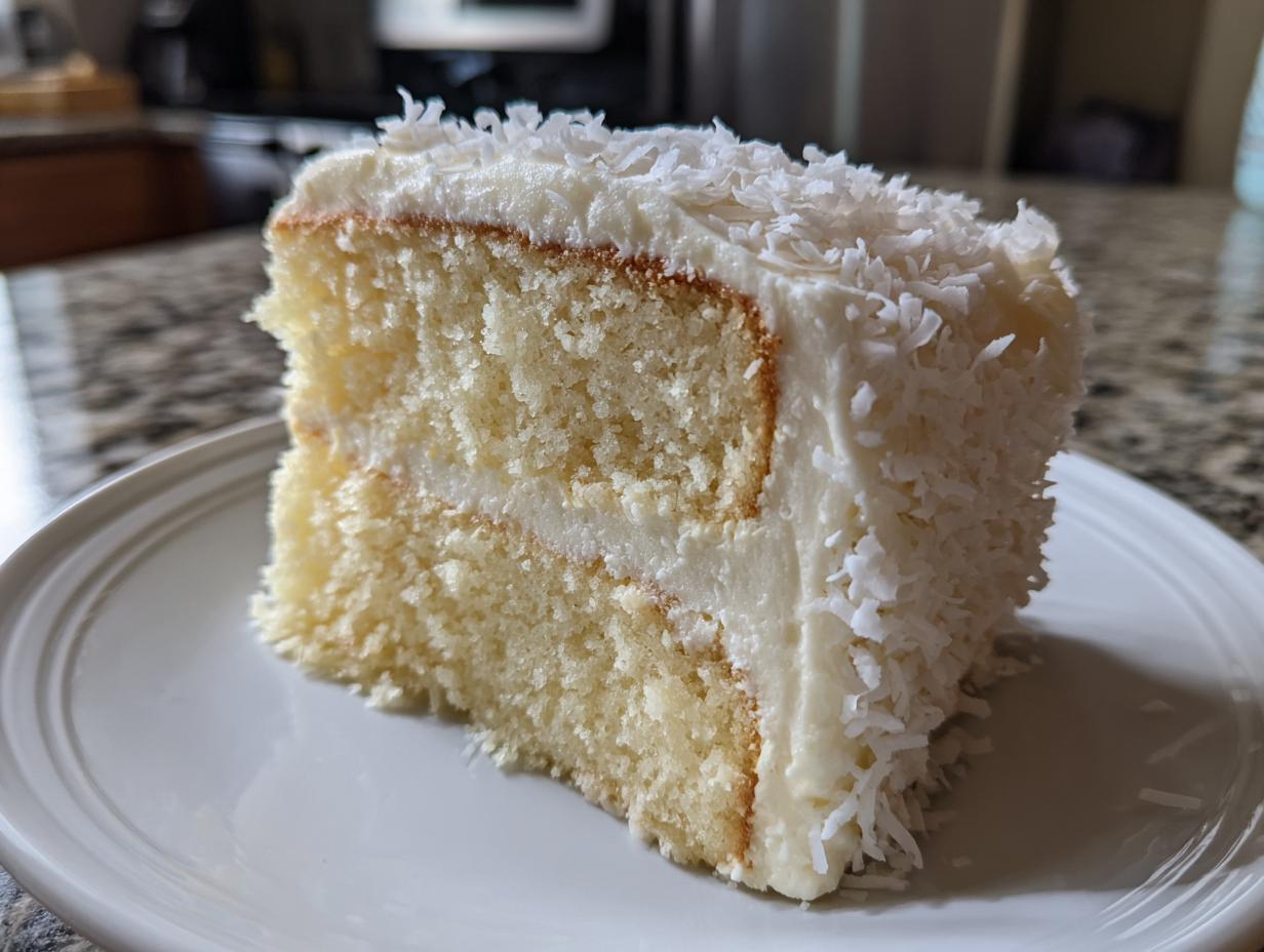 A moist slice of layered coconut cake recipe covered in white frosting and shredded coconut flakes, served on a white plate.