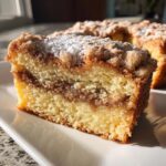 Close-up of a moist slice of sour cream coffee cake showing layers of cake, cinnamon filling, and a crumb topping dusted with powdered sugar.
