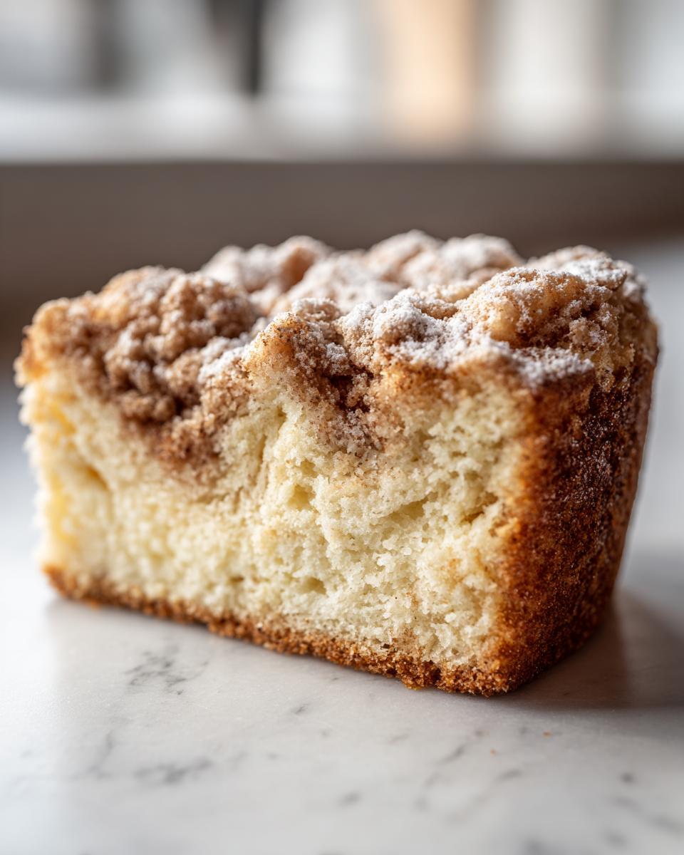 Close-up of a moist slice of sour cream coffee cake featuring a thick cinnamon streusel topping dusted with powdered sugar.