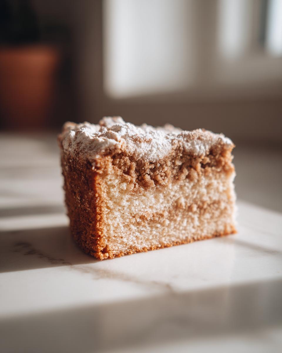 A close-up, side view of a moist slice of sour cream coffee cake topped with cinnamon streusel and powdered sugar.