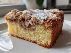 A close-up of a moist slice of sour cream coffee cake featuring a cinnamon swirl and crumbly streusel topping dusted with powdered sugar.