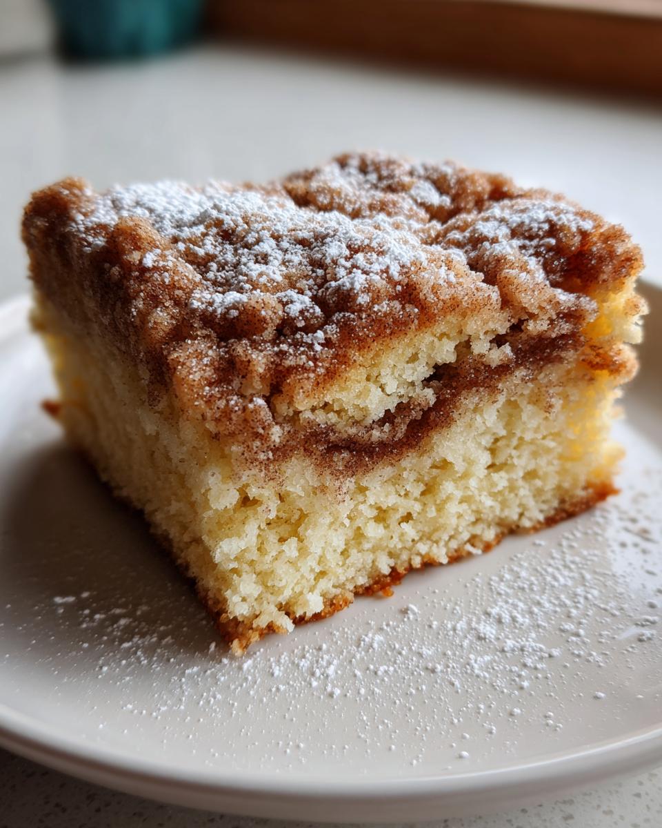 A close-up of a moist slice of sour cream coffee cake featuring a cinnamon swirl and dusted with powdered sugar.