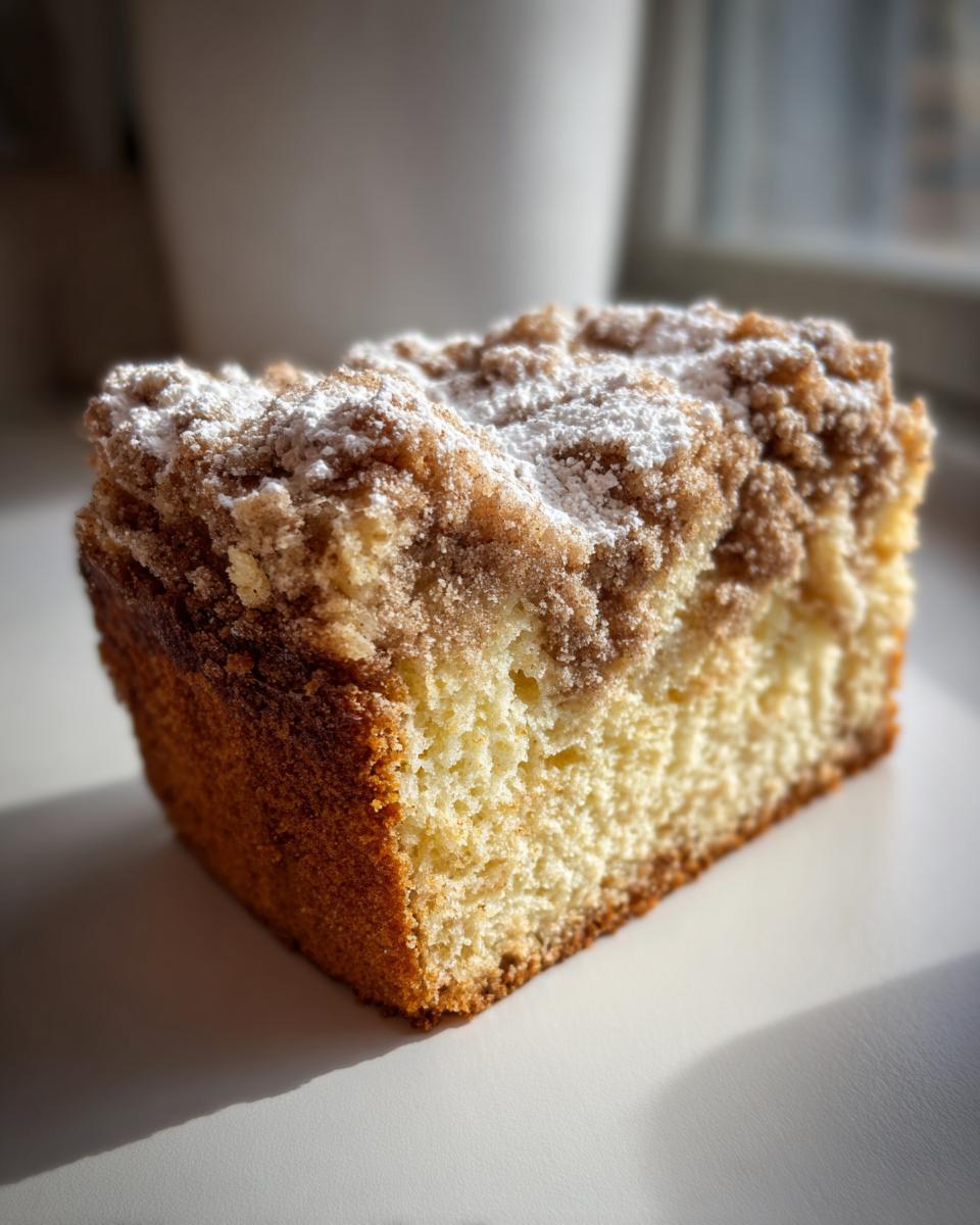Close-up of a moist slice of sour cream coffee cake topped with cinnamon streusel and powdered sugar.