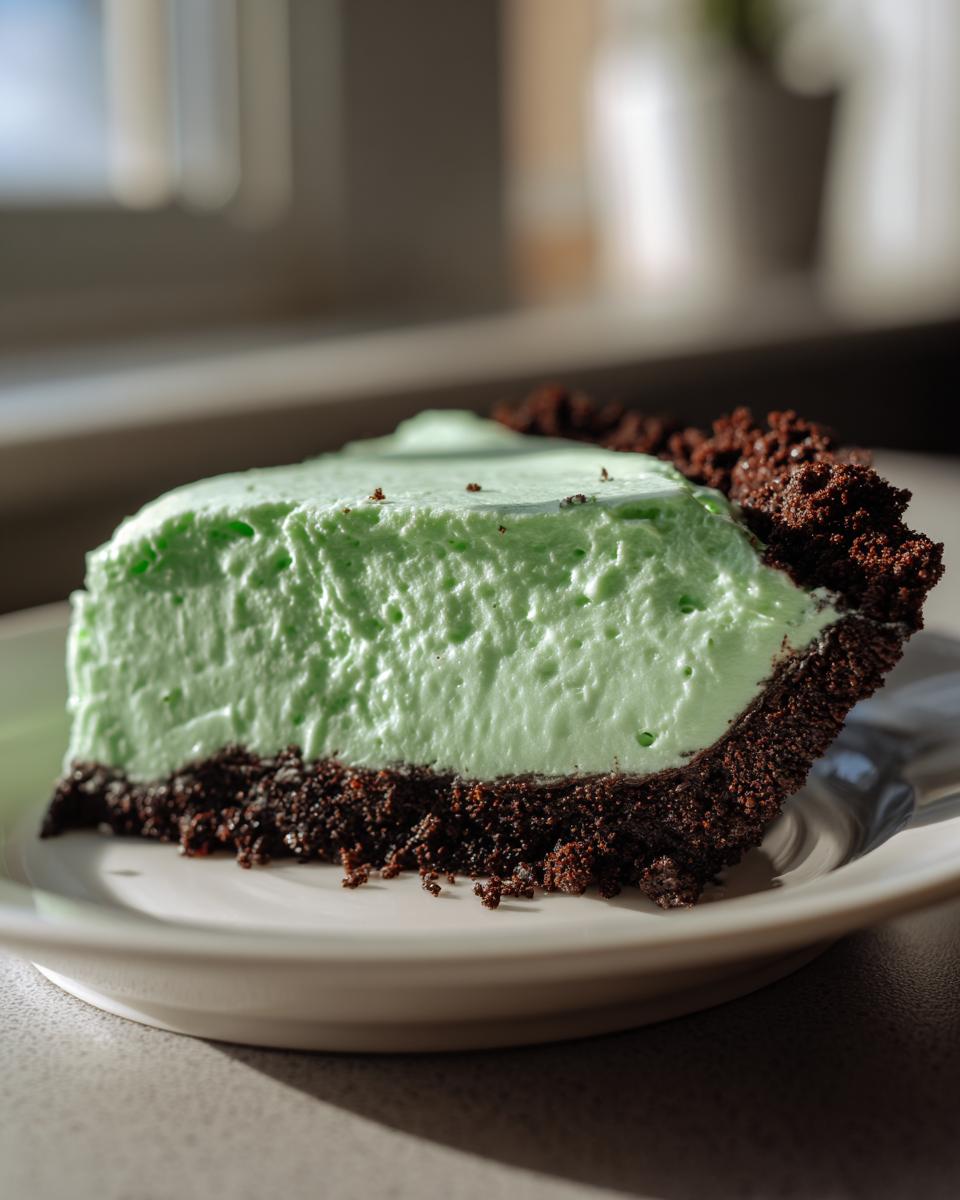 A close-up slice of vibrant green, creamy grasshopper pie resting on a white plate.