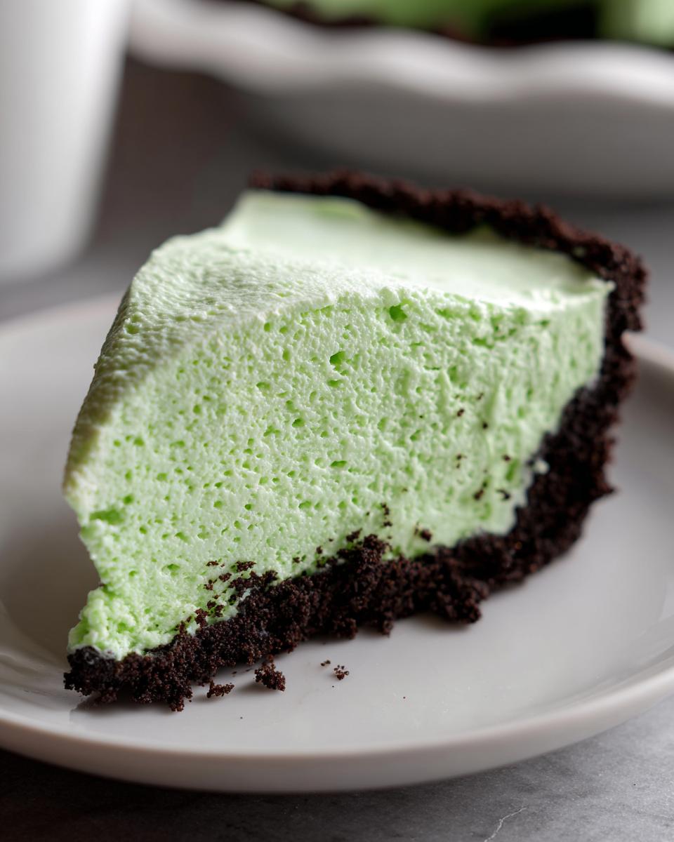 Close-up of a creamy, light green slice of no-bake grasshopper pie with a dark chocolate cookie crust.