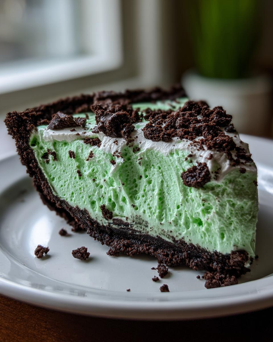 A close-up of a thick slice of vibrant green no-bake grasshopper pie with a dark chocolate crumb crust.