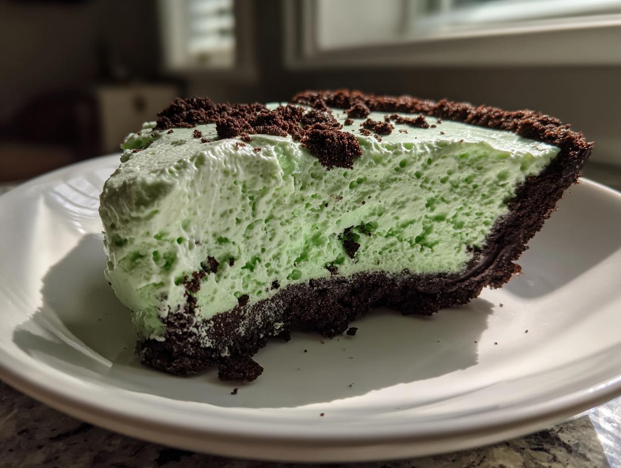 A close-up of a thick slice of light green, fluffy no-bake grasshopper pie with a dark chocolate crust.