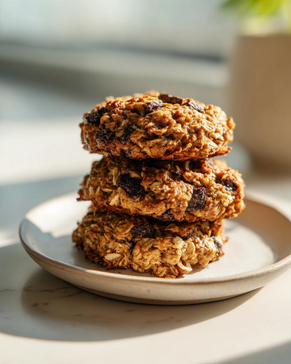 A stack of three hearty oatmeal breakfast cookie treats with visible raisins, sitting on a small ceramic plate.