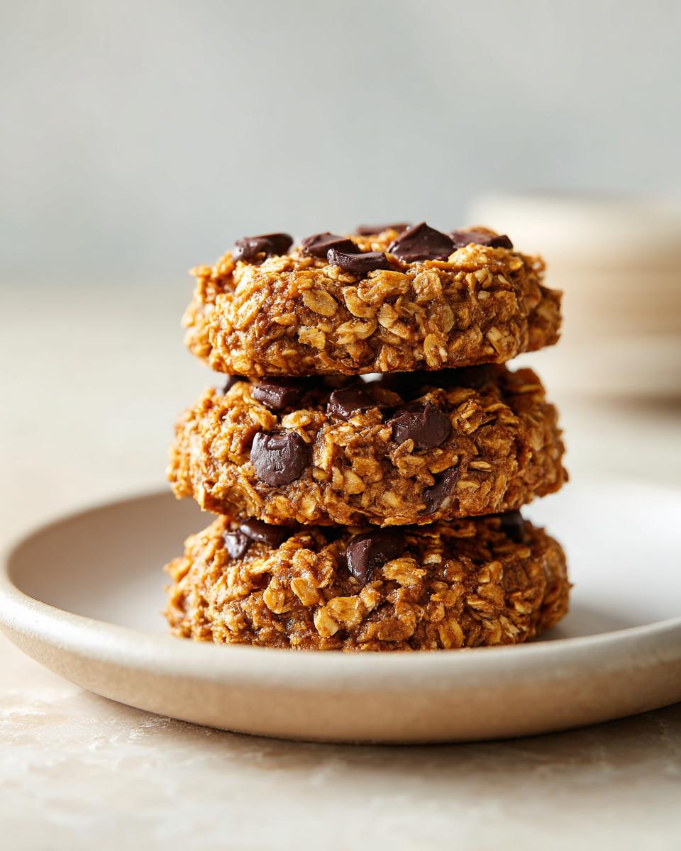A stack of three textured, oatmeal-based breakfast cookie treats loaded with dark chocolate chips, resting on a small plate.