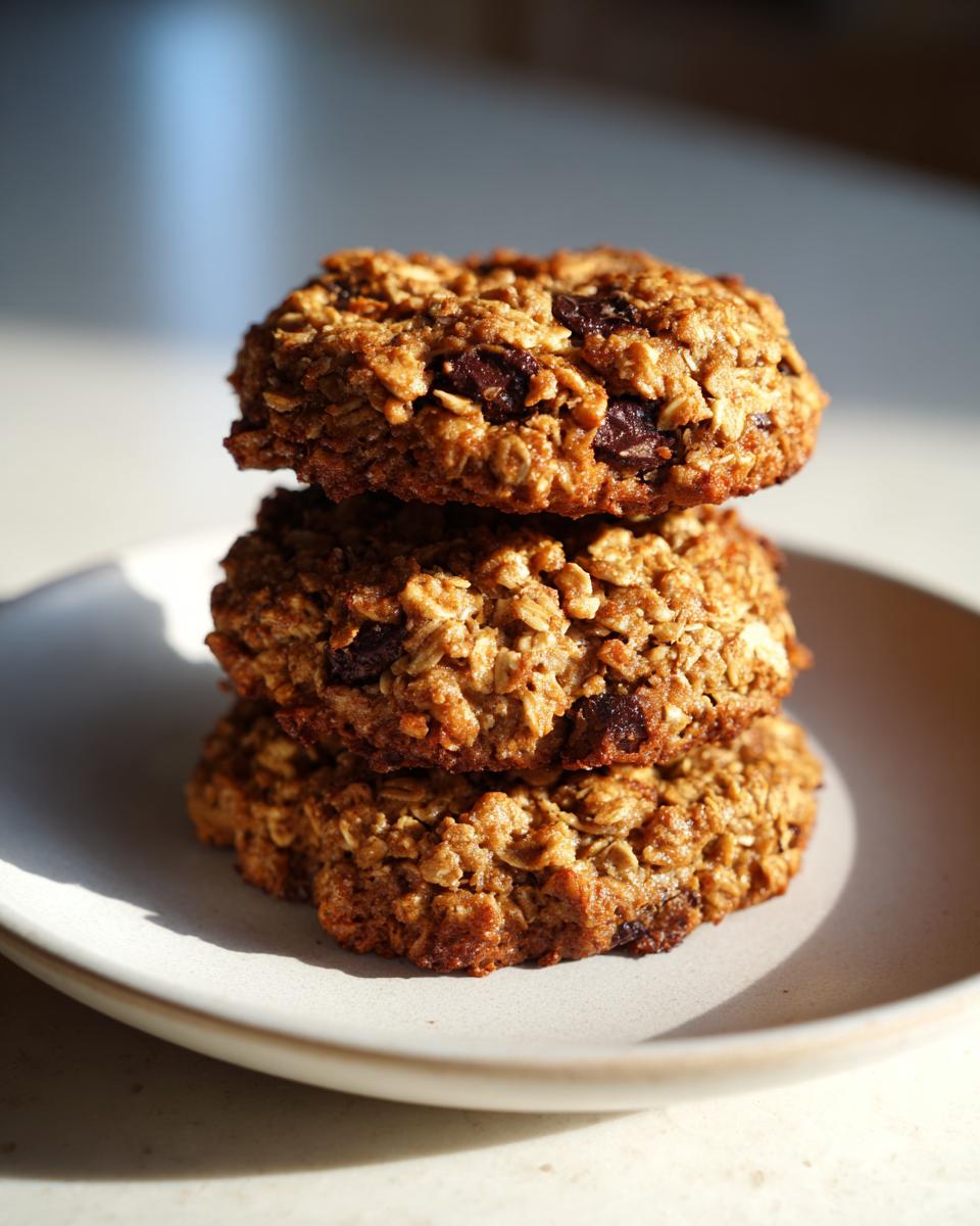 Three delicious oatmeal chocolate chip breakfast cookie stacked on a light ceramic plate.