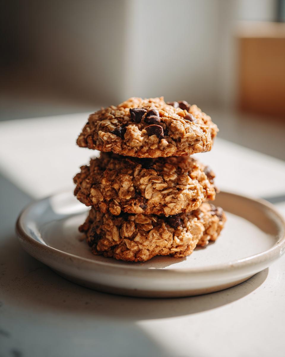 A stack of three hearty oatmeal chocolate chip breakfast cookie on a small ceramic plate.