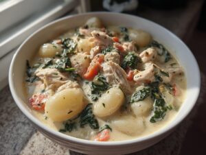 A close-up of a bowl filled with creamy Olive Garden Chicken Gnocchi Soup, featuring tender chicken, spinach, and potato gnocchi.