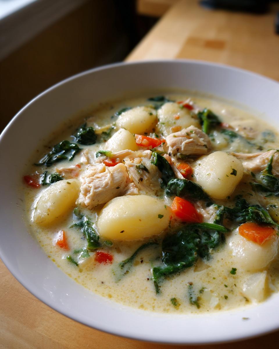 Close-up of a bowl of creamy Olive Garden Chicken Gnocchi Soup featuring tender chicken, soft gnocchi, and wilted spinach.