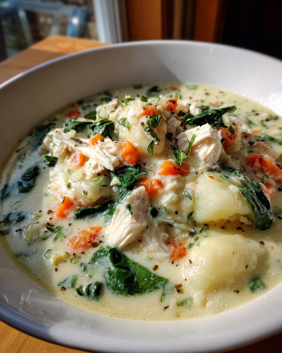 Close-up of a creamy bowl of Olive Garden Chicken Gnocchi Soup, showing gnocchi, shredded chicken, carrots, and spinach.