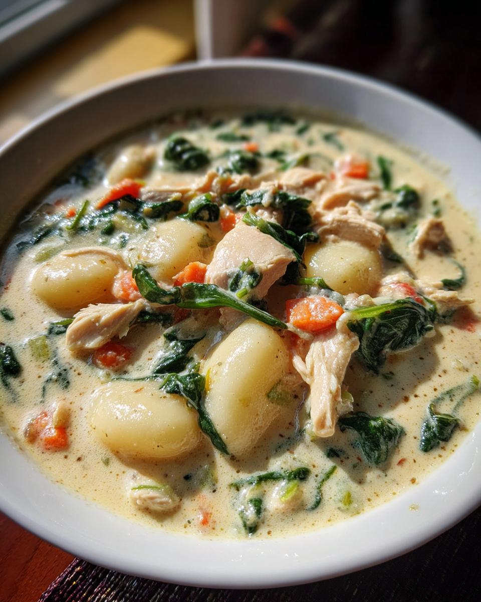 Close-up of a bowl of creamy Olive Garden Chicken Gnocchi Soup featuring plump gnocchi, shredded chicken, spinach, and carrots.