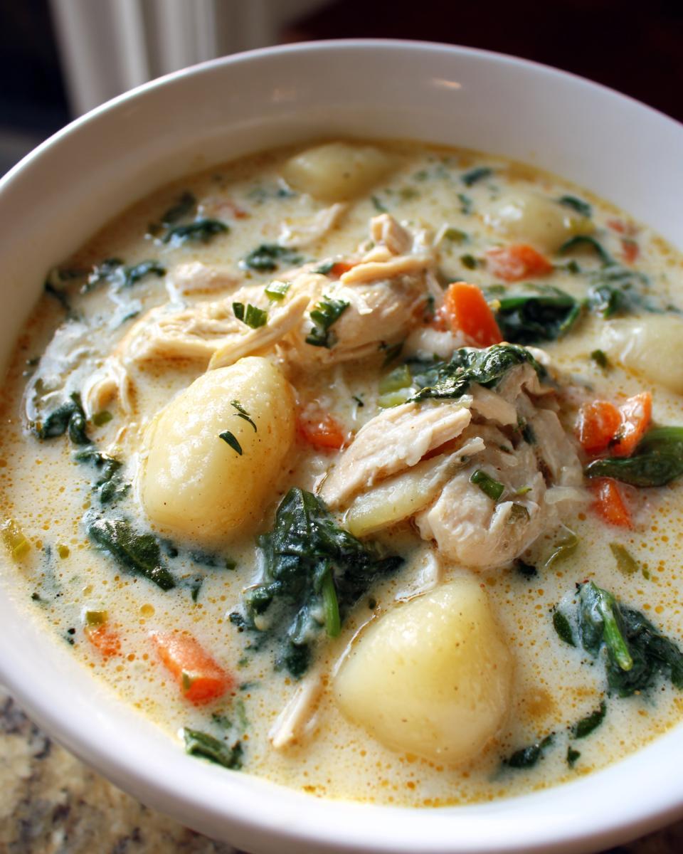 A close-up, top-down view of a bowl of creamy Olive Garden Chicken Gnocchi Soup with shredded chicken, spinach, and potato gnocchi.