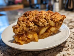 A close-up of a generous slice of pear crisp with a thick, golden-brown crumble topping and soft, caramelized pears.