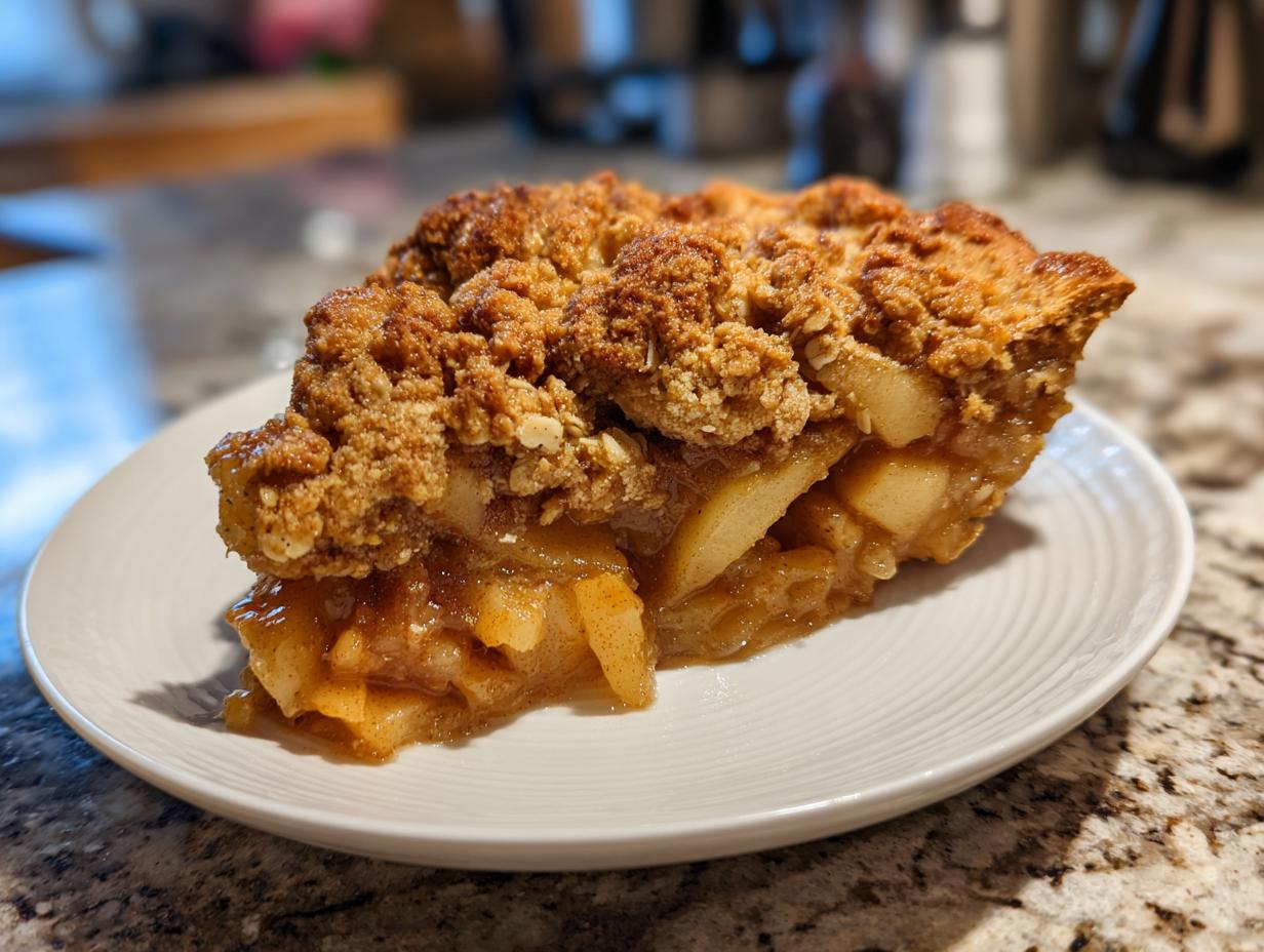 A close-up of a generous slice of pear crisp with a thick, golden-brown crumble topping and soft, caramelized pears.