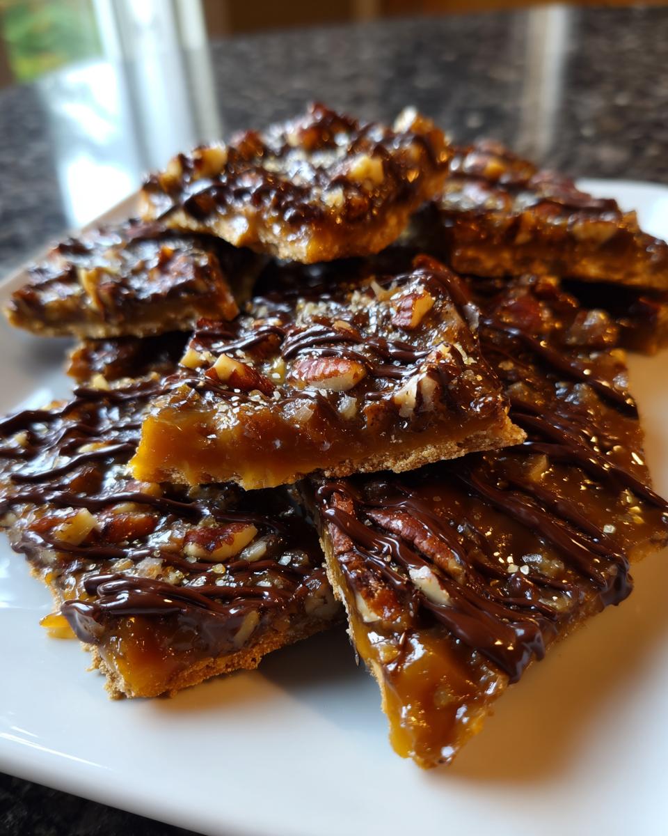 A stack of rich, gooey Pecan Pie Bark pieces topped with pecans and drizzled with dark chocolate.