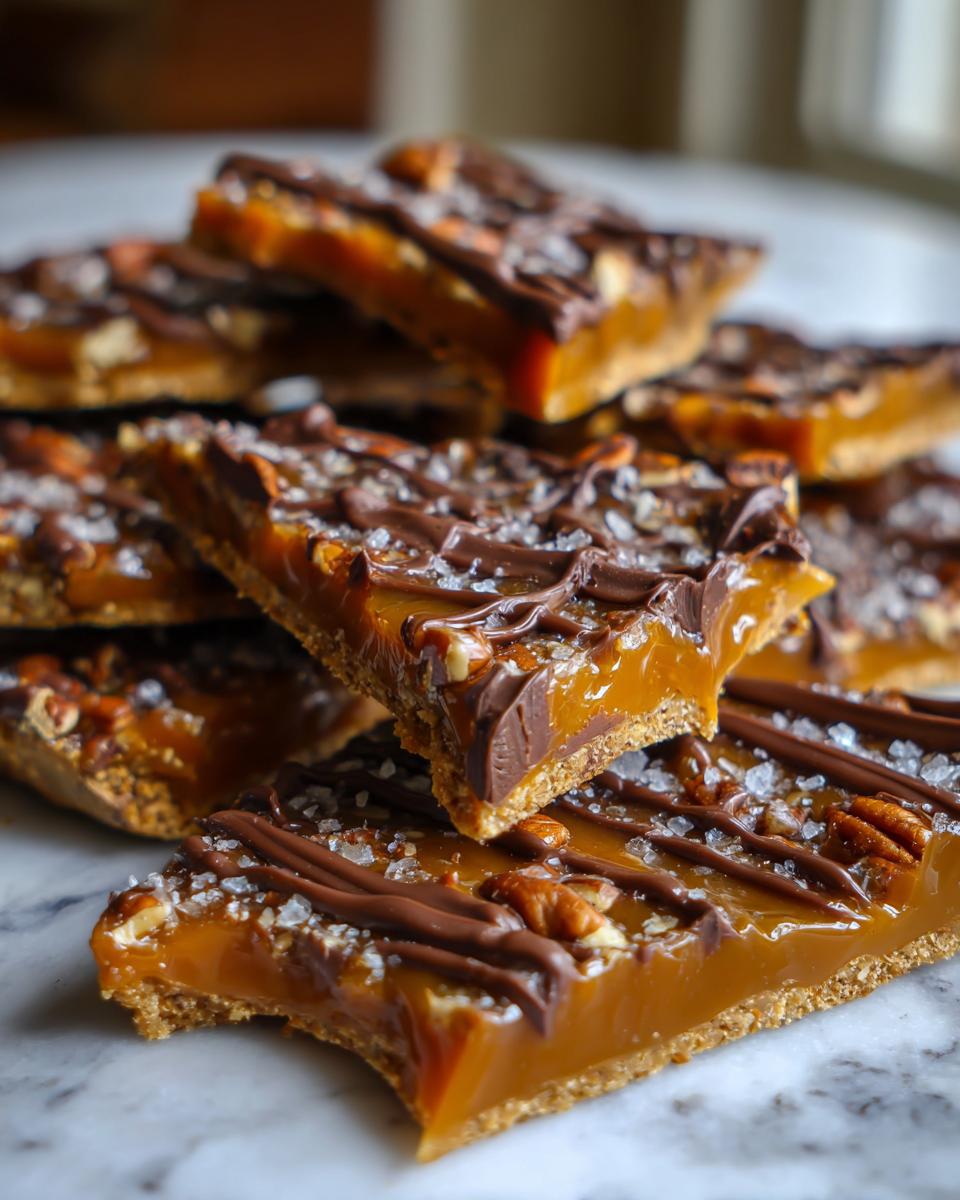 Close-up of stacked slices of Pecan Pie Bark featuring a thick caramel layer, pecans, chocolate drizzle, and sea salt.