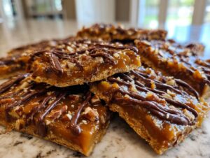 Close-up of stacked squares of Pecan Pie Bark featuring a thick caramel layer, chopped pecans, and a chocolate drizzle.