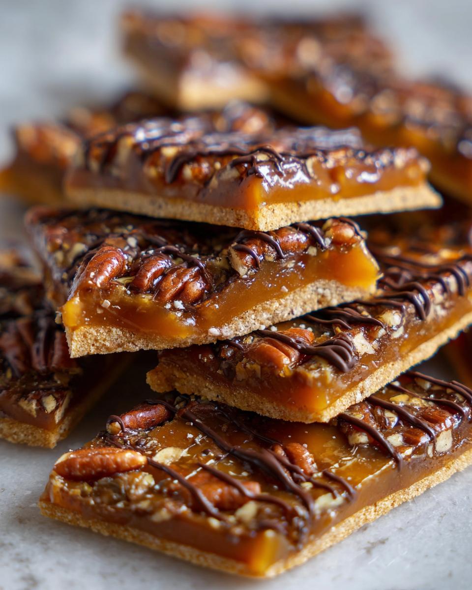 Close-up of stacked bars of Pecan Pie Bark featuring a thick caramel layer, pecans, and a dark chocolate drizzle.