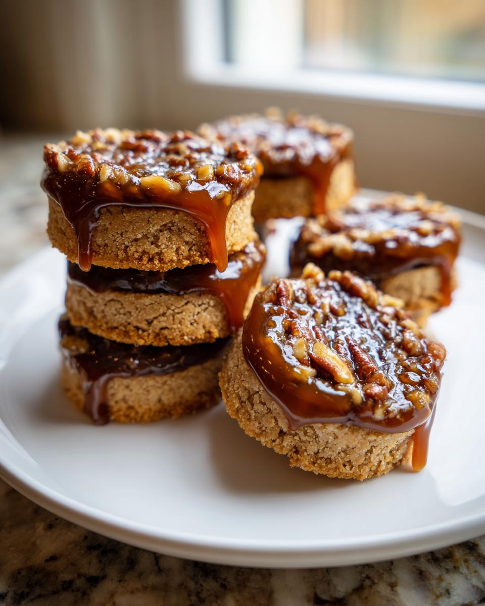 A stack and arrangement of rich pecan pie cookies topped with gooey caramel and chopped pecans.