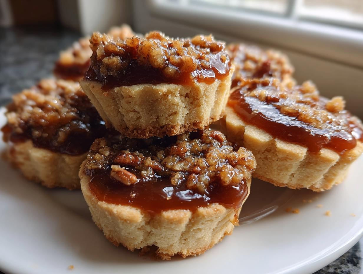 A stack of freshly baked pecan pie cookies featuring a shortbread crust, gooey caramel filling, and crunchy pecan topping.