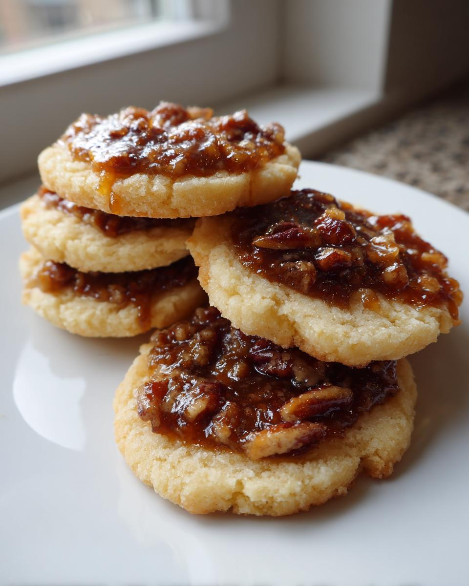 A stack of four homemade pecan pie cookies with a gooey pecan topping resting on a white plate.