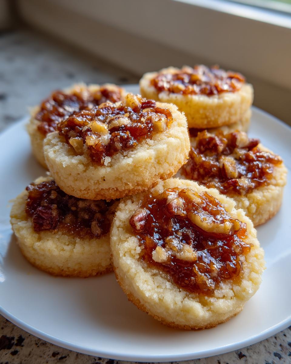 A stack of five homemade pecan pie cookies with a buttery shortbread base and gooey pecan topping.