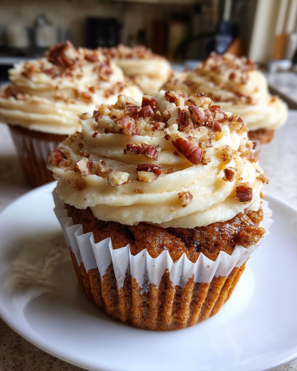 A close-up of one of the amazing pecan pie cupcakes topped with thick, swirled frosting and chopped pecans.