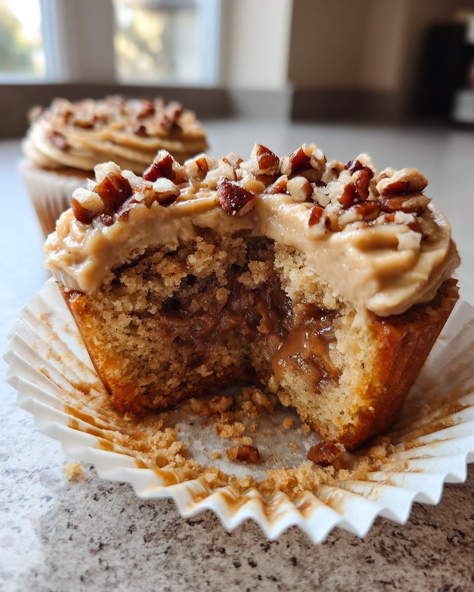 A close-up of a pecan pie cupcakes cut in half, showing gooey filling, peanut butter frosting, and chopped pecans.