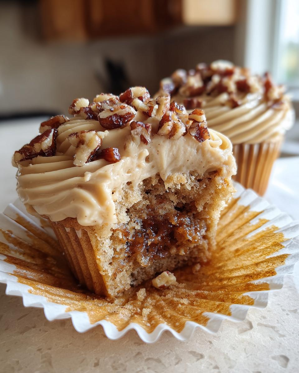 Close-up of a pecan pie cupcakes cut in half showing the gooey filling, topped with caramel frosting and chopped pecans.