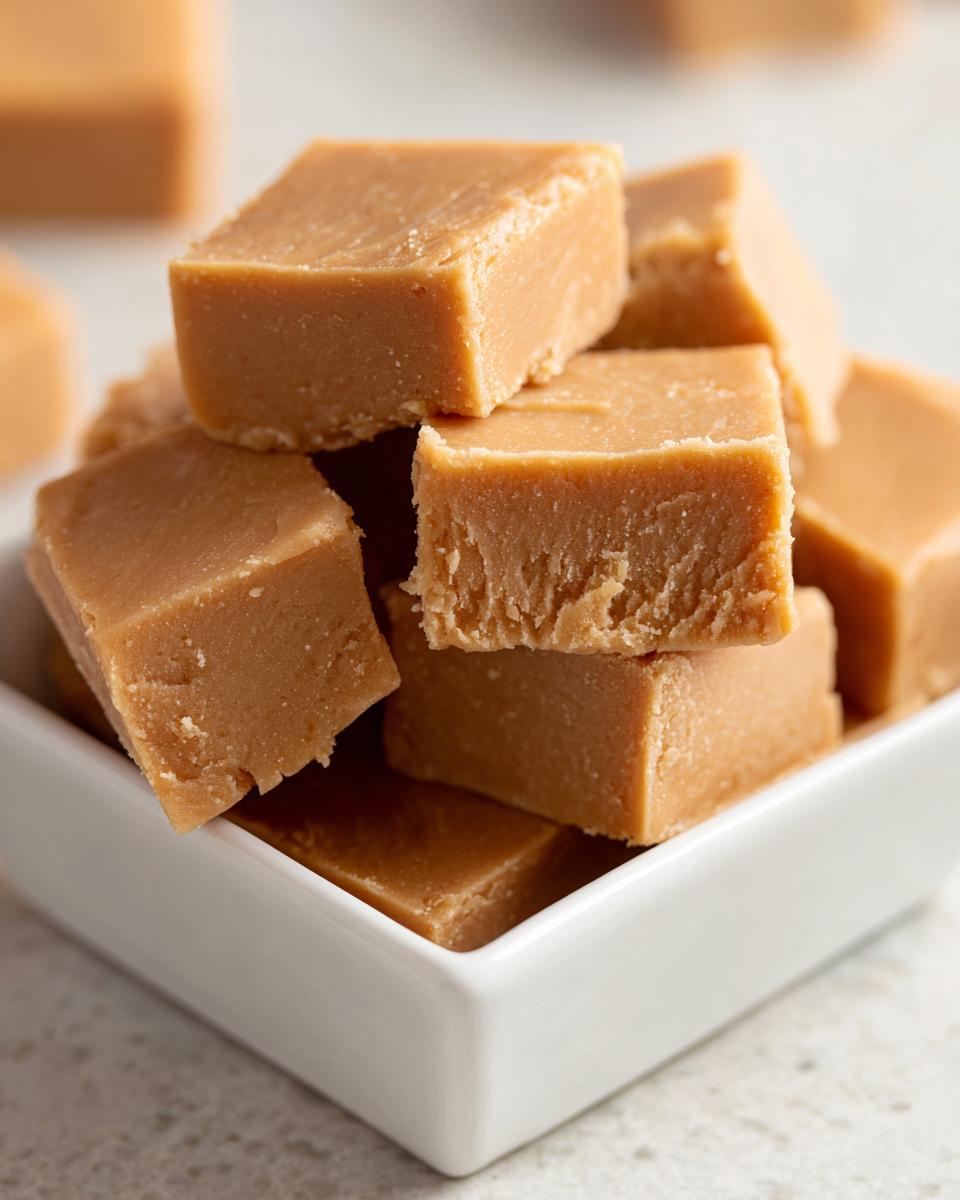 A close-up stack of light brown, creamy squares of homemade penuche fudge in a white dish.