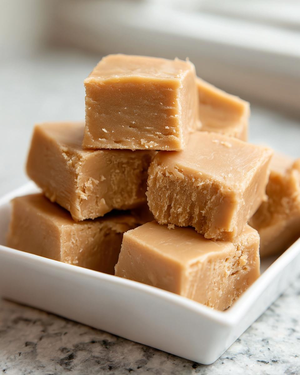 A stack of light brown, creamy squares of homemade penuche fudge in a white dish.
