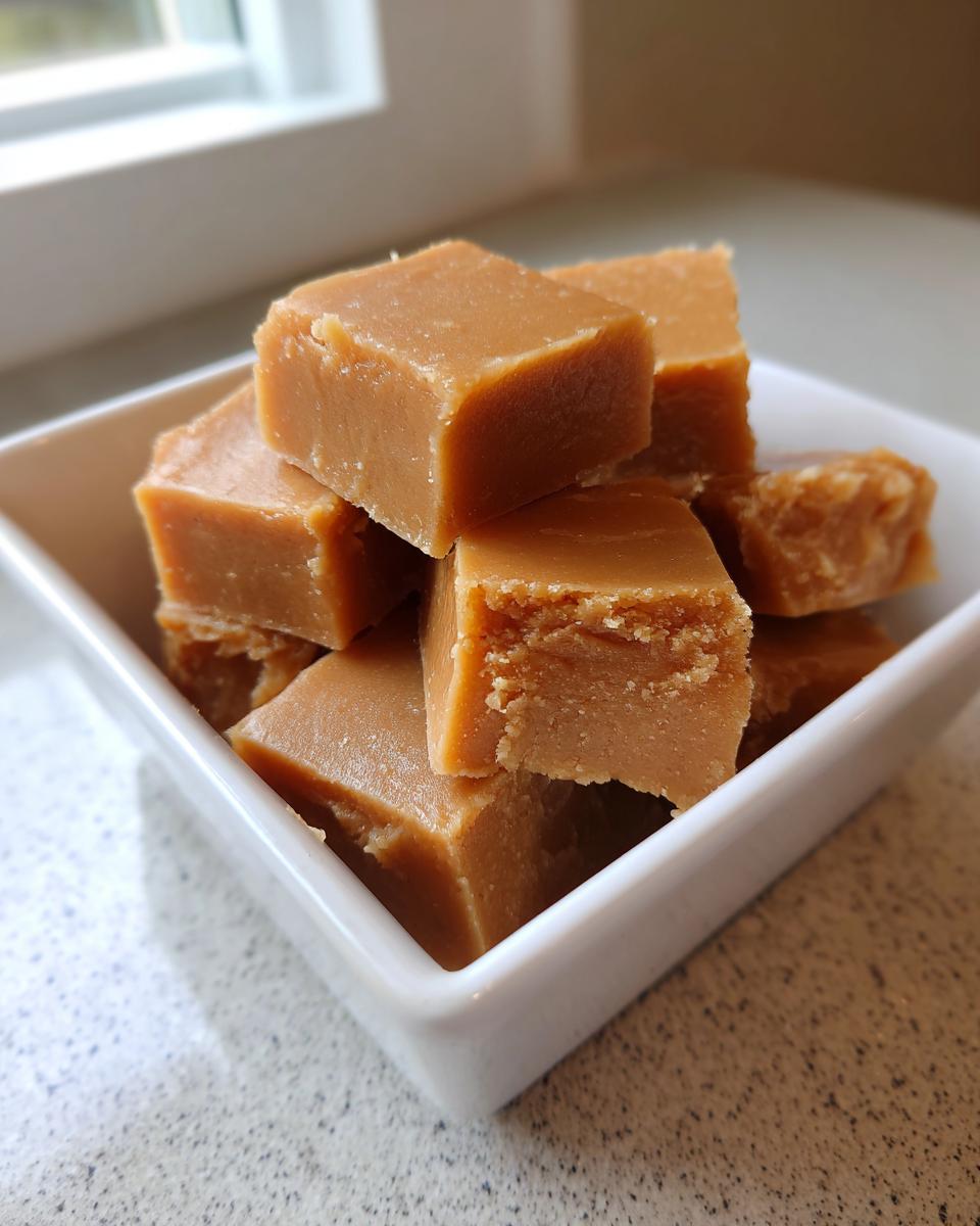 Close-up of several rich, light brown squares of penuche fudge stacked in a small white bowl.
