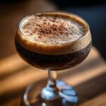 Close-up of a rich peppermint espresso martini with thick foam and a dusting of cocoa powder.