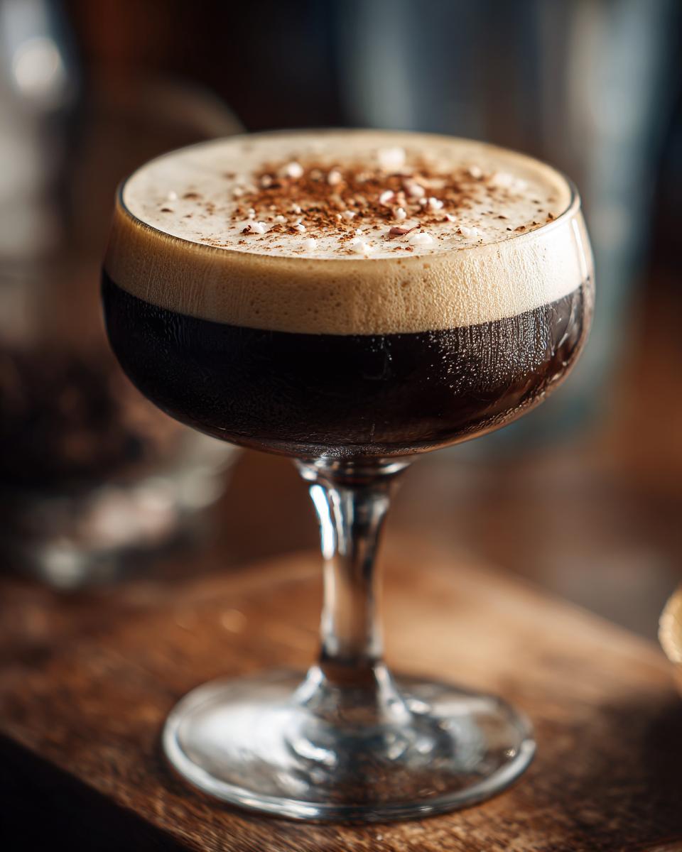 Close-up of a rich, dark peppermint espresso martini with thick foam topped with cocoa powder and crushed peppermint pieces.