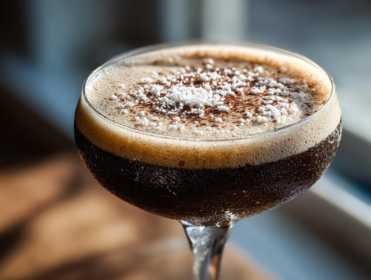 Close-up of a rich, dark peppermint espresso martini topped with thick foam, cocoa powder, and white powdered sugar.