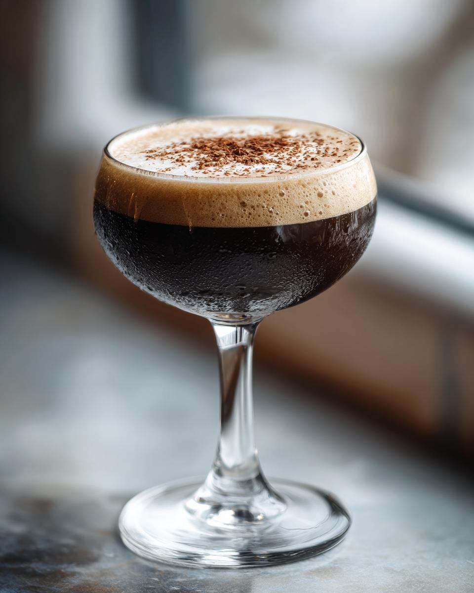 A chilled peppermint espresso martini with thick foam, garnished with chocolate shavings, in a stemmed glass.