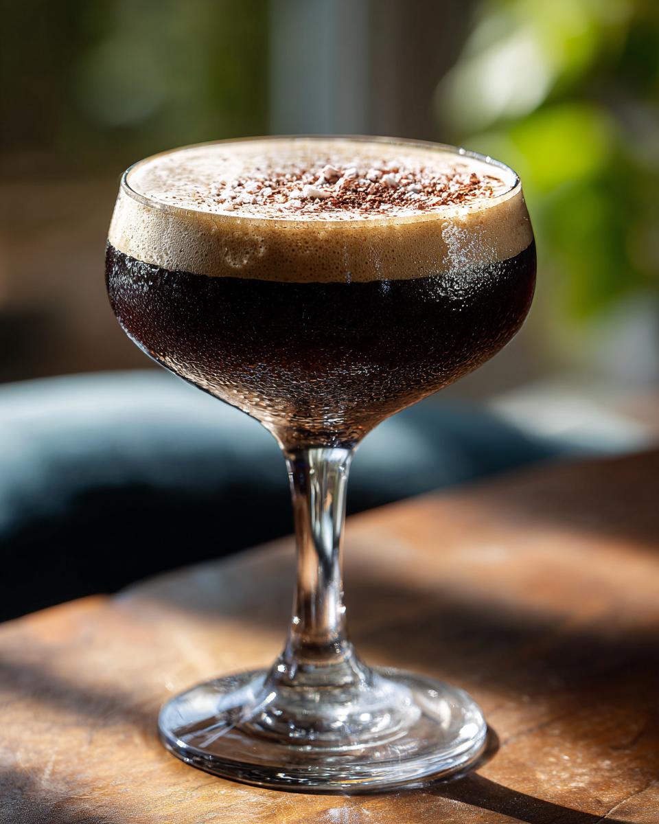 A close-up of a dark, frothy peppermint espresso martini garnished with chocolate shavings in a chilled coupe glass.