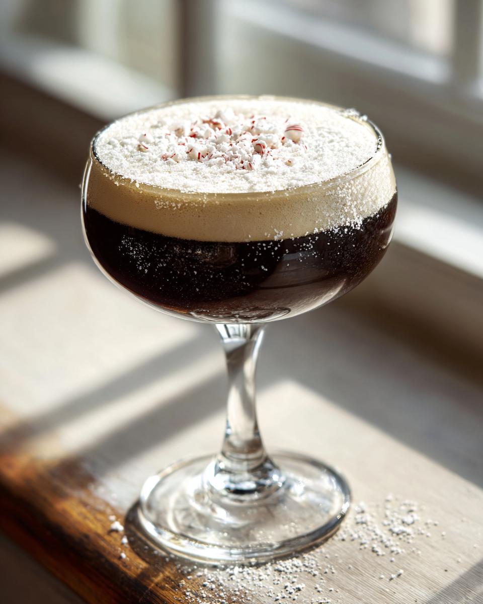 A rich, dark peppermint espresso martini topped with foam, powdered sugar, and crushed candy canes.