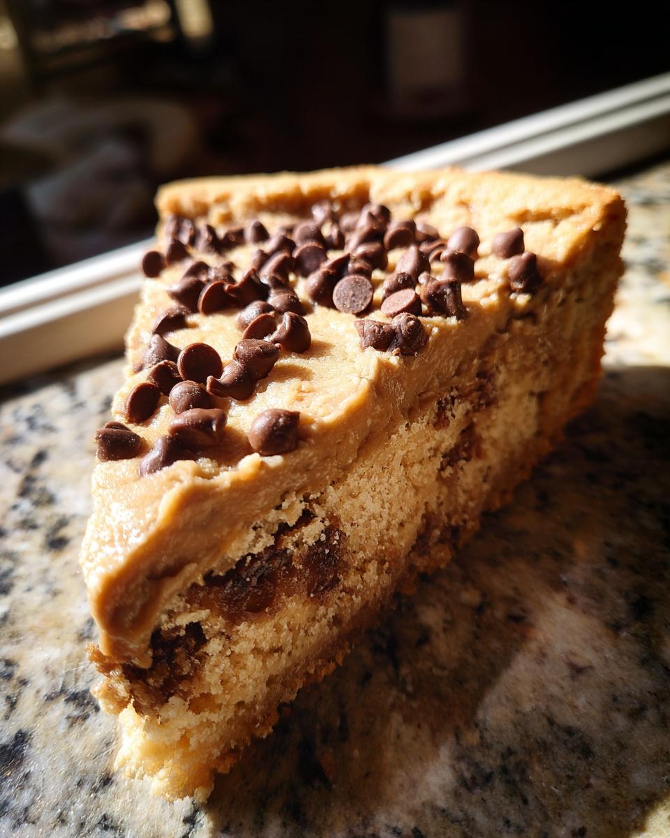 A thick slice of perfect cookie cake recipe topped with peanut butter frosting and mini chocolate chips.