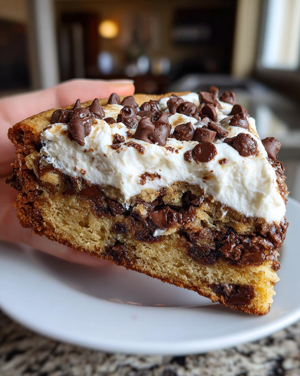 A thick slice of perfect cookie cake recipe, layered with chocolate chips and topped with white frosting and more chips.