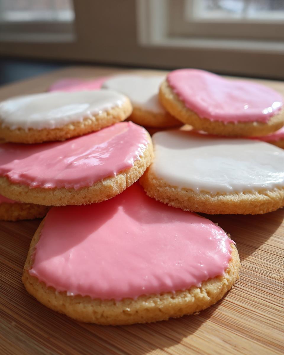 Close-up of round sugar cookies topped with glossy pink and white icing from a great sugar cookie icing recipe.