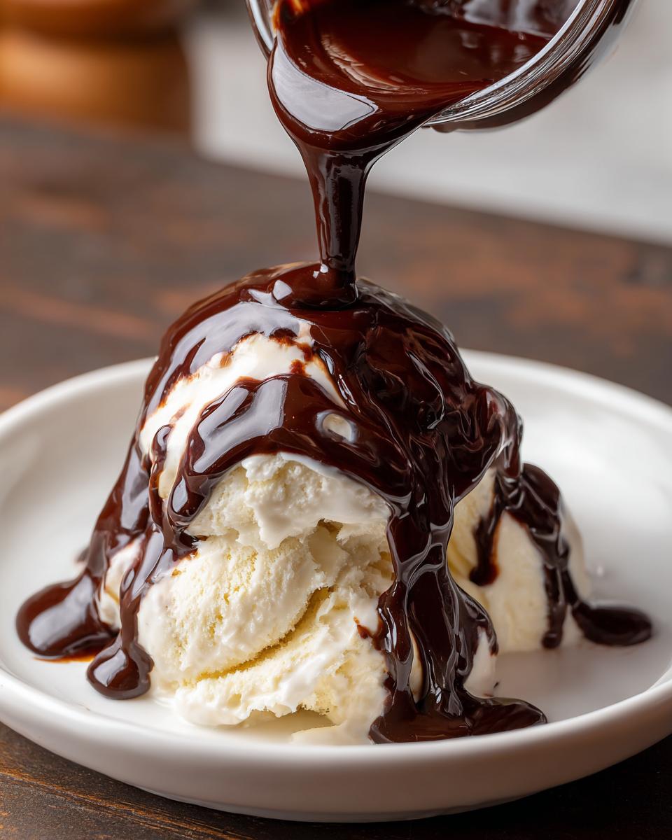 Thick, rich chocolate syrup being poured from a jar over scoops of vanilla ice cream.